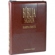 Bíblia Sagrada Letra Gigante com Harpa Cristã e índice - Couro sintético Marrom e zíper