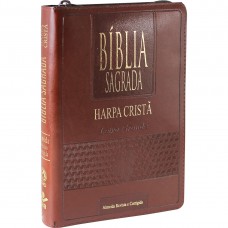 Bíblia Sagrada Letra Grande com Harpa Cristã e índice - Capa couro sintético Marrom escuro com zíper