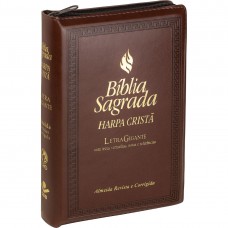 Bíblia Sagrada Letra Gigante com Harpa Cristã - Capa couro sintético Marrom escuro com zíper