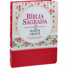 Bíblia Sagrada Letra Gigante com Harpa Cristã - Capa florida com tarja vermelha