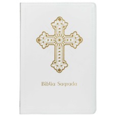 Bíblia Sagrada Católica, Letra Grande, Cruz, Couro-soft branca, Leitura Perfeita