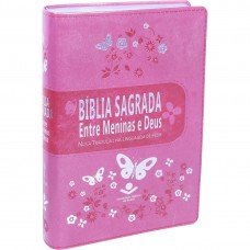Bíblia Sagrada entre Meninas e Deus - Capa rosa com borboletas